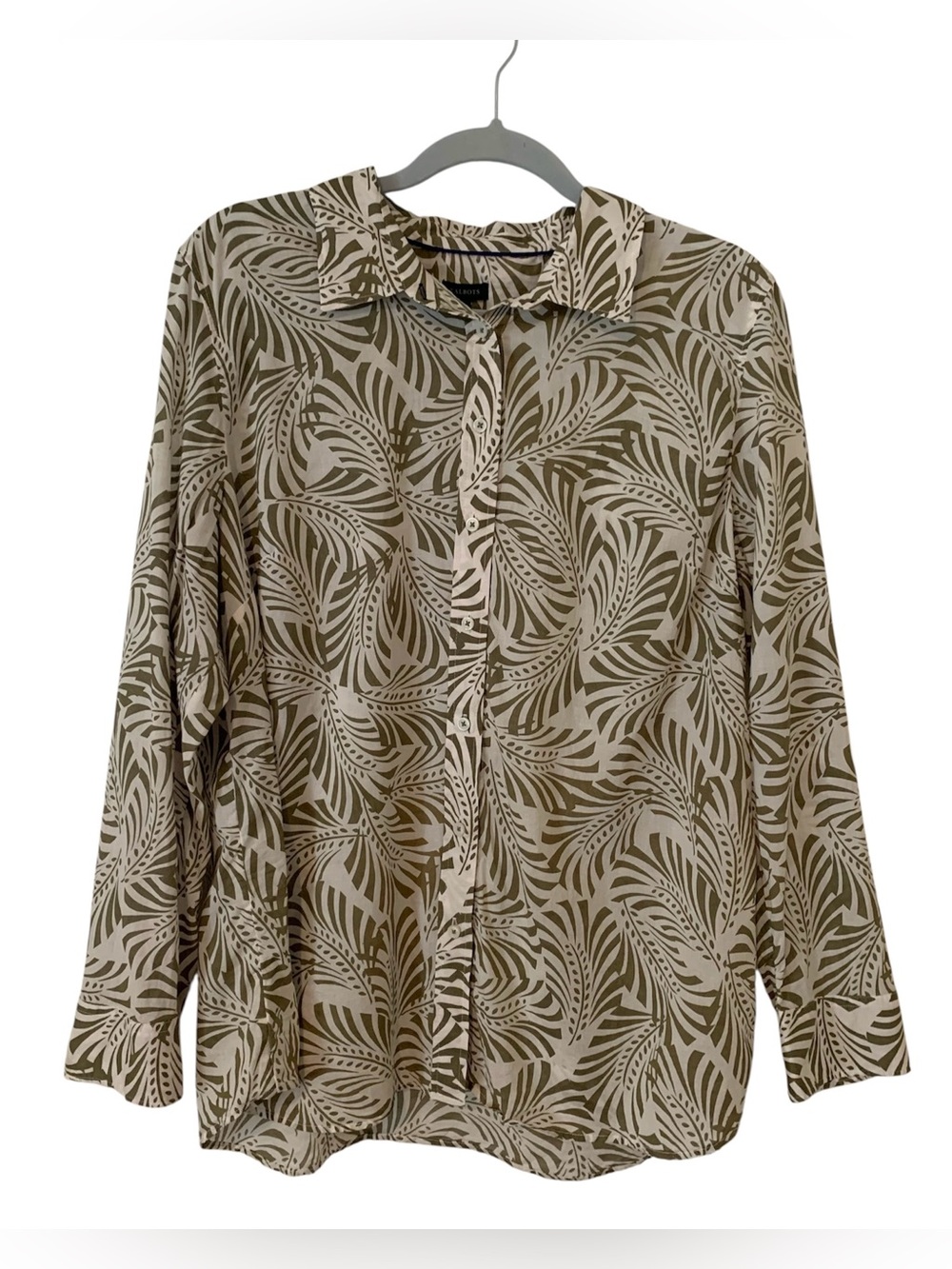 Talbots 100% Cotton Palm Leaf Tropical Print Button Down Shirt Olive Green XL